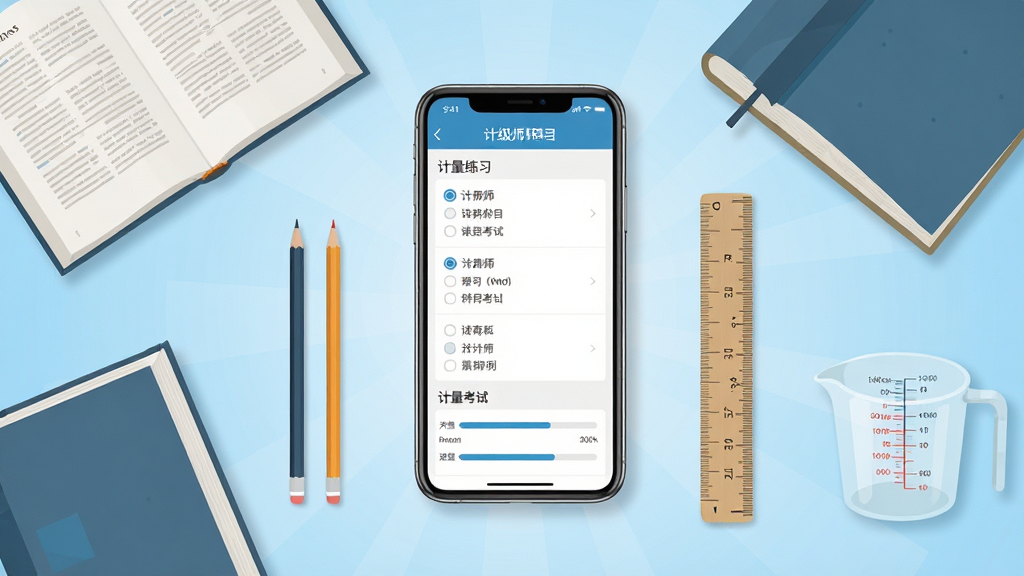 一二级计量师软件主界面展示,画面中央放置一部智能手机,手机屏幕上显示题库练习界面和计量师考试科目列表,手机周围环绕着书本、铅笔、刻度尺、量杯等计量相关元素,背景为浅蓝色渐变,整体布局居中对称,风格为扁平化科技教育风,细节包括屏幕上的选择题选项和进度条,画质清晰干净,无多余元素