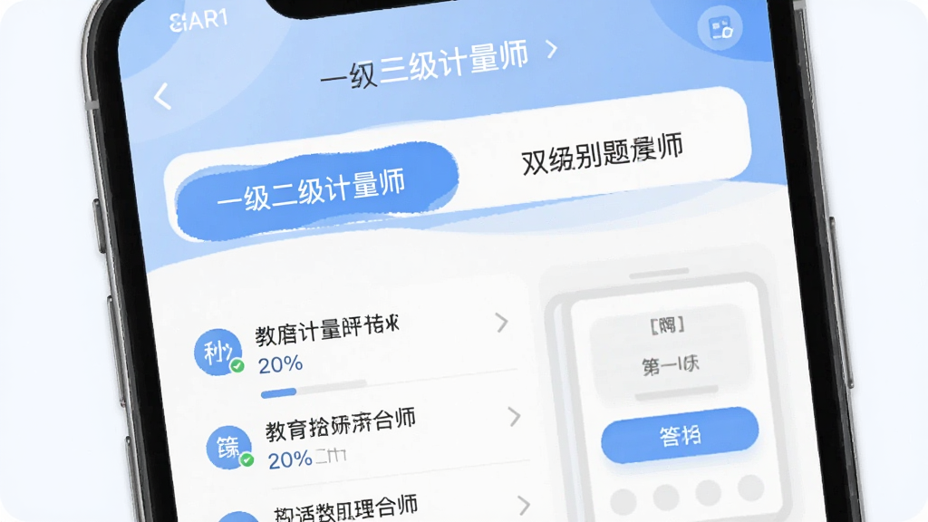 一二级计量师双级别题库切换界面,画面中展示手机屏幕内一级和二级计量师两个选项卡并列排列,屏幕下方显示题目列表和答题卡,背景为白色和淡蓝色搭配,布局简洁清晰,风格为现代教育类APP界面风,细节包括科目图标和进度百分比,画质干净无多余元素