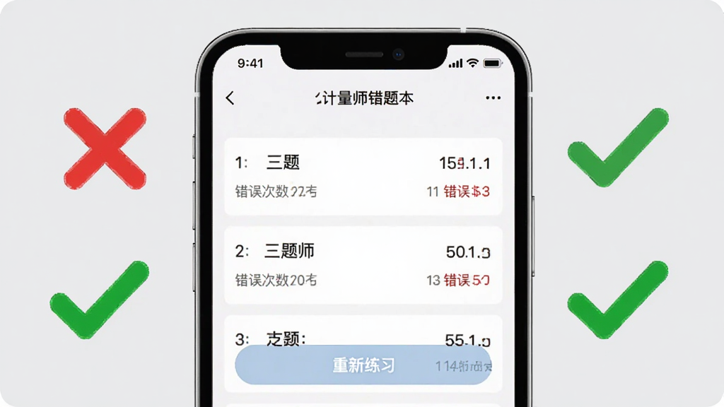 一二级计量师错题本功能界面,手机屏幕显示错题列表和重新练习按钮,屏幕旁边有红色叉号标记和绿色对勾标记作为装饰元素,背景为浅灰色,布局为手机居中、元素环绕,风格为清爽学习工具风,细节包括题目编号和错误次数统计,画质清晰干净,无多余元素