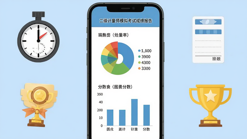 一二级计量师模拟考试成绩报告页面,手机屏幕展示正确率饼图和分数柱状图,屏幕旁边有计时器、答题卡和奖杯图标作为装饰,背景为浅蓝色,布局为手机居中、装饰元素两侧分布,风格为数据可视化教育风,细节包括分数数字和科目名称,画质清晰干净,无多余元素