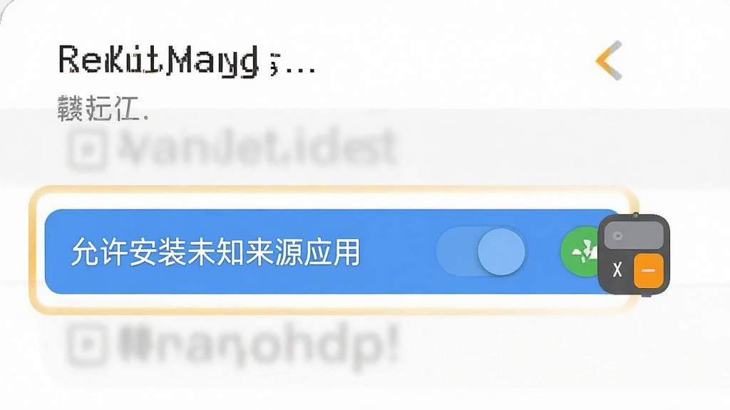 一张展示手机设置界面的示意图,画面中高亮显示“允许安装未知来源应用”的开关按钮,旁边有简易计算器图标,整体风格为教程类截图,排版清晰,画质干净,无多余元素
