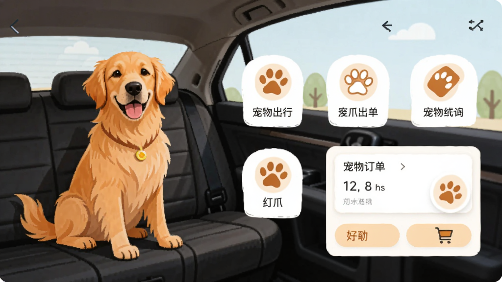 爪爪巴士APP首页界面展示,主体为一只金毛犬坐在专车后座,旁边有宠物出行服务选项图标,布局为手机屏幕竖版构图,排版清晰展示功能入口,风格为温暖明亮的扁平化设计,细节包括宠物爪印元素、导航栏、订单卡片,画质高清干净无多余元素