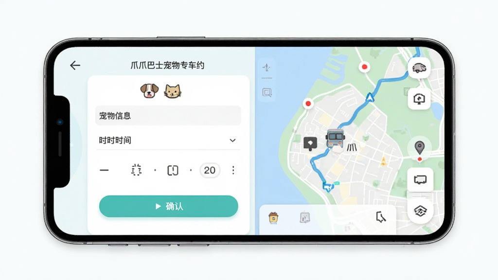 爪爪巴士宠物专车预约界面,主体为手机屏幕显示预约表单与地图路线,布局为上下结构,排版左侧为宠物信息填写区右侧为车辆地图,风格为清新浅色系UI,细节包含犬猫图标、时间选择器、确认按钮,画质高清干净无多余元素