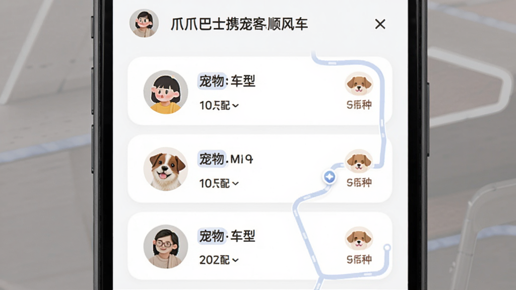爪爪巴士携宠顺风车匹配页面,主体为手机屏幕展示车主与乘客信息卡片,布局为列表式排列,排版突出宠物标签与行程路线,风格为柔和圆角卡片设计,细节包含头像、车型、宠物品种标识,画质高清干净无多余元素