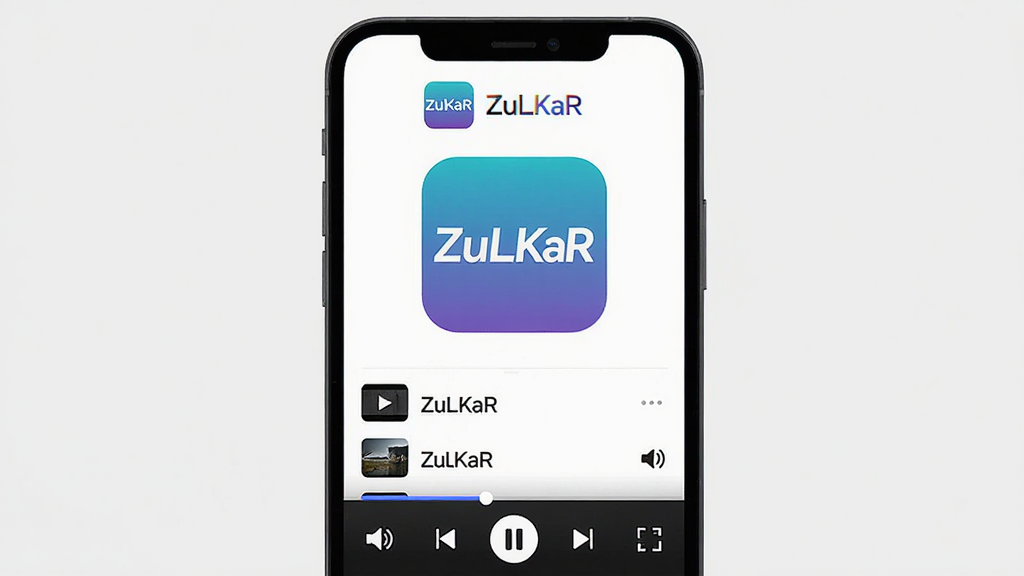 一款名为ZuLKaR的手机影音播放应用,主体为手机屏幕展示视频播放界面,布局居中,上方为应用图标与名称“ZuLKaR”,下方为播放列表与播放控制栏,排版简洁清晰,风格为现代扁平化科技风,细节包含进度条、音量图标、全屏按钮,画质高清,干净,无多余元素