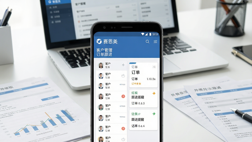 一张展示赛恩美软件核心全貌的场景化图片,画面主体为一部竖屏安卓手机,屏幕上呈现赛恩美客户管理主界面,包含客户列表、订单卡片、跟进提醒等模块,手机后方是整洁的办公桌面,桌面上放着一台打开的笔记本电脑和几份外贸单据,整体布局为手机居中、电脑和桌面物品环绕,排版采用写实产品展示风格,细节包括屏幕上的中文界面文字“赛恩美”“客户管理”“订单跟进”,画质清晰,光线明亮柔和,干净整洁,无多余元素
