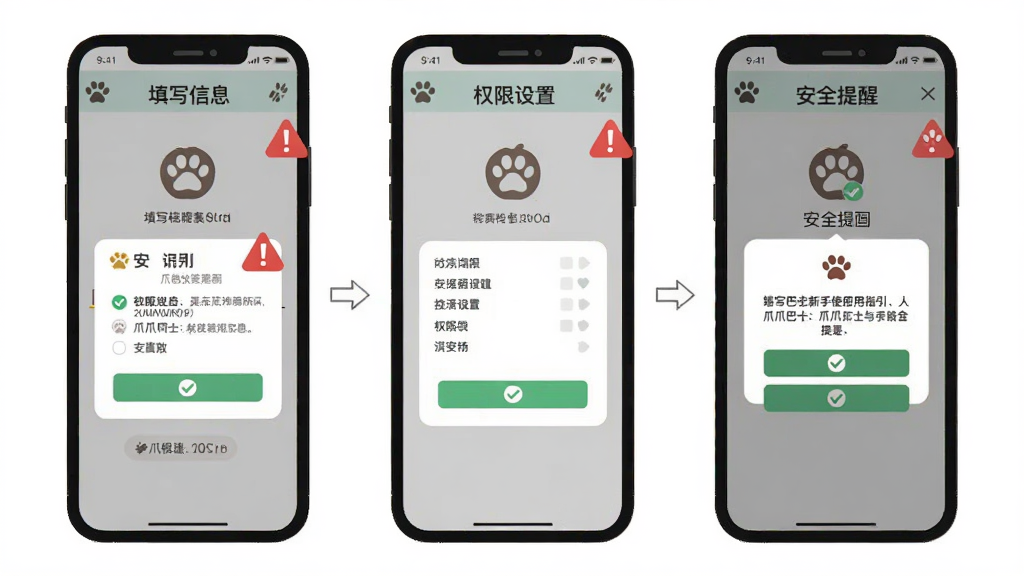 爪爪巴士新手使用指引插图,主体为手机屏幕展示宠物档案创建流程与安全提示弹窗,布局为分步截图排列,排版从左到右依次为填写信息、权限设置、安全提醒,风格为扁平化教程风格,细节包含爪印图标、红色警示标签、勾选按钮,画质高清干净无多余元素