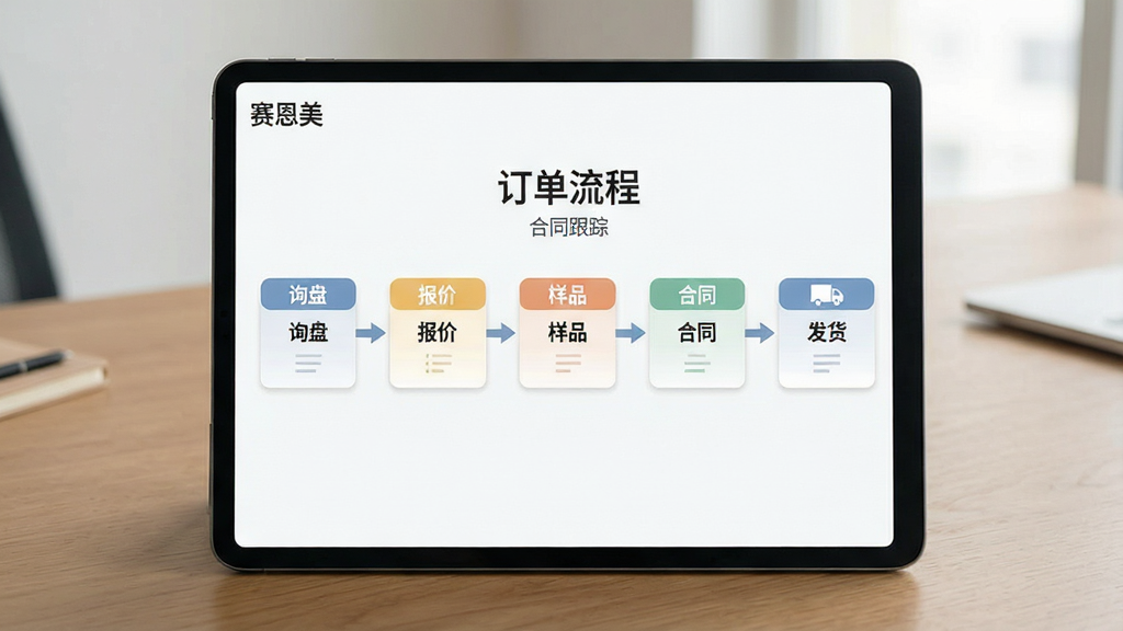 一张体现赛恩美订单与合同流程跟踪功能的场景图,画面主体为一块横向展示的平板屏幕,屏幕上呈现订单流程看板,包含“询盘”“报价”“样品”“合同”“发货”等阶段卡片,卡片之间有箭头连接,布局为平板居中放置于木质桌面,排版采用简洁商务信息图风格,细节包括屏幕上的中文标签“赛恩美”“订单流程”“合同跟踪”,画质高清,色彩柔和,干净无杂乱,无多余元素