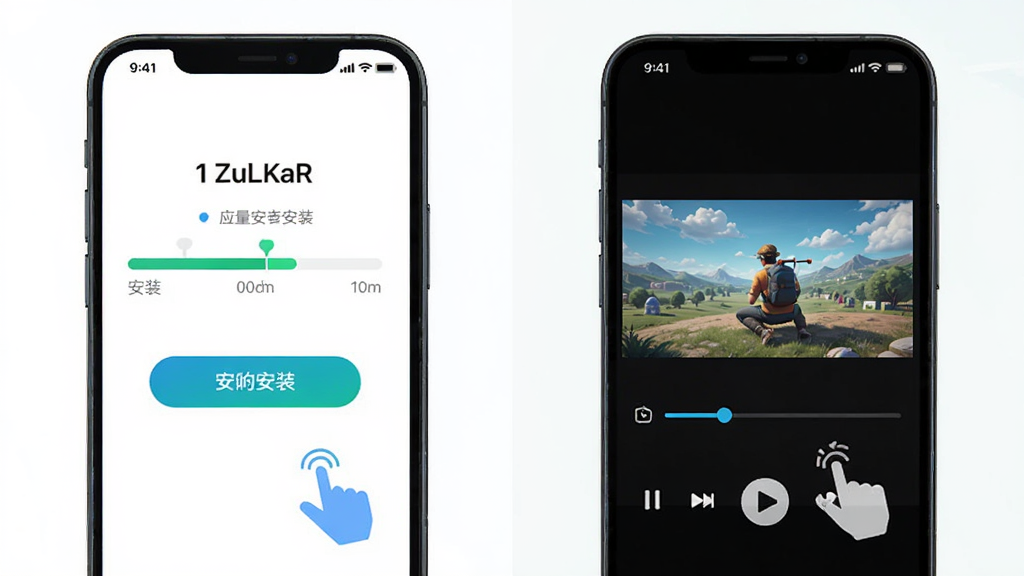 ZuLKaR应用轻量安装与流畅播放示意图,主体为手机屏幕展示安装进度条与播放画面同框,布局为左侧安装界面右侧播放界面,排版对比清晰,风格为明亮简洁风,细节包含安装按钮、播放进度条、手势操作图标,画质高清,干净,无多余元素