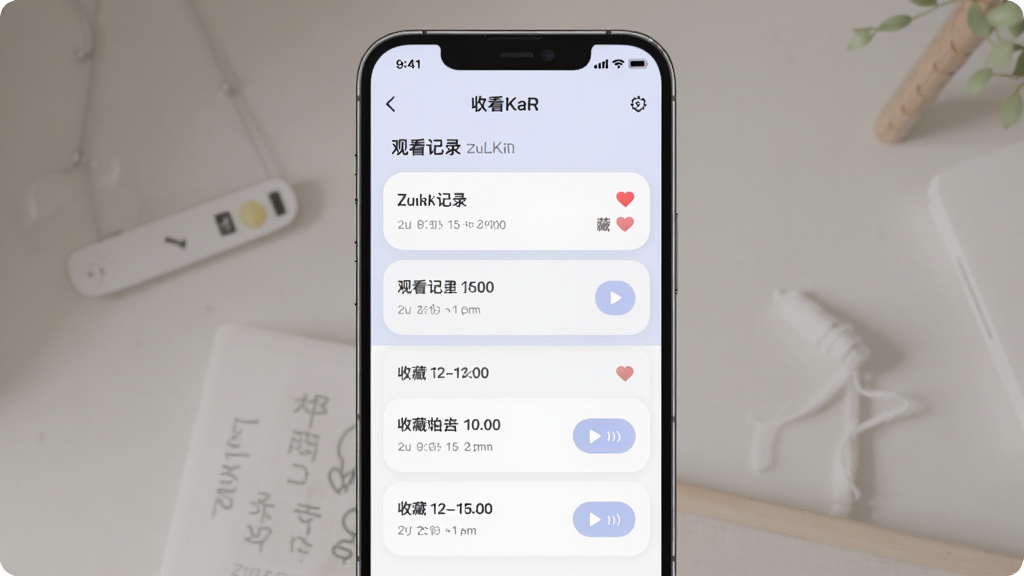 ZuLKaR应用的观看记录与收藏功能界面,主体为手机屏幕展示历史记录列表与收藏夹页面,布局为上下分栏,排版整洁,风格为柔和圆角风,细节包含时间戳、收藏心形图标、继续播放按钮,画质高清,干净,无多余元素