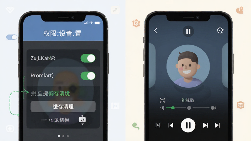 ZuLKaR应用新手避坑指南示意图,主体为手机屏幕展示权限设置界面与播放界面,布局为左右分栏,排版清晰,风格为扁平化教学风,细节包含权限开关、缓存清理按钮、线路切换图标,画质高清,干净,无多余元素