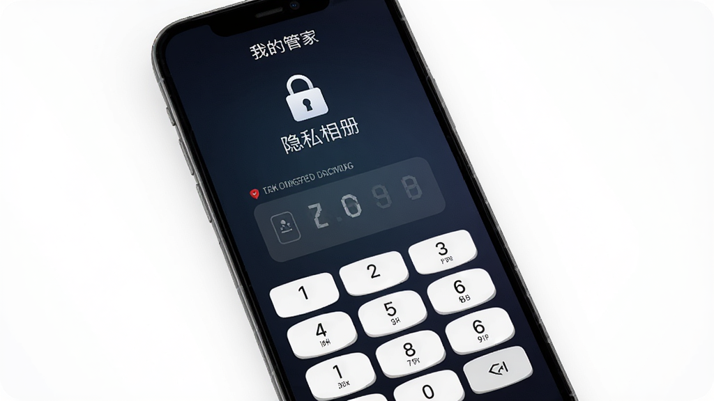 一部手机屏幕显示“我的相册管家”的隐私相册解锁界面,画面中央是一个密码输入框和数字键盘,背景为深色渐变风格,屏幕上方有锁形图标和“隐私相册”字样,整体氛围安全私密,画面简洁干净,高清画质,无多余装饰元素。