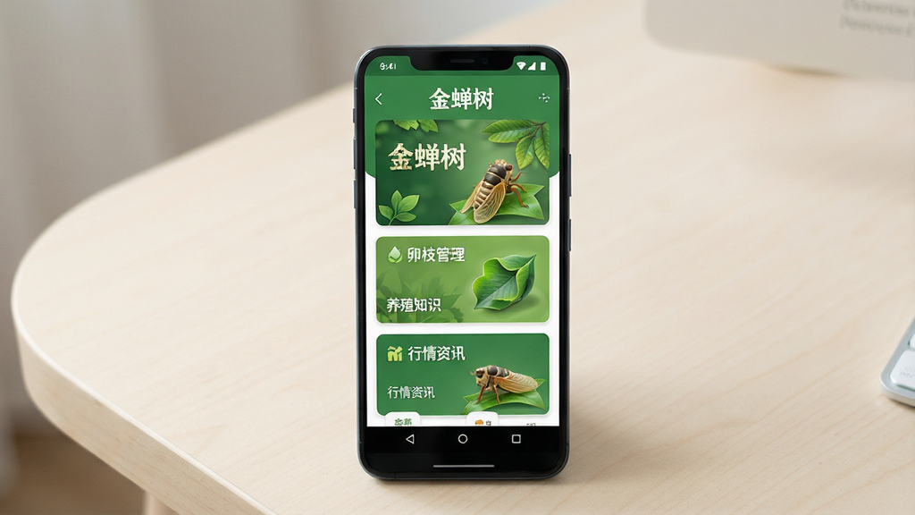 一张手机屏幕展示金蝉树应用主界面的图片,画面中央是一部竖屏安卓手机,手机屏幕内显示绿色自然风格的APP界面,顶部有