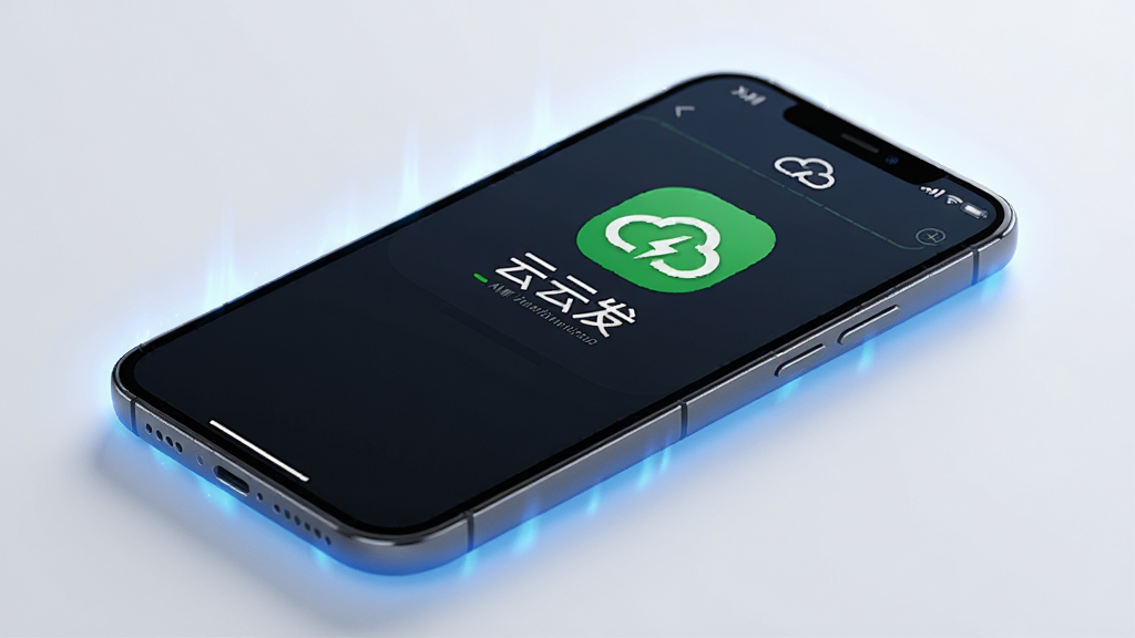 一张表现手机低功耗运行的AI概念图,画面中一部手机屏幕显示云云发APP的电池优化界面,界面中有绿色的节能图标和“云云发”文字,手机周围有微弱的蓝色光晕表示低温运行,背景干净简洁,风格清新科技,画质高清,无多余元素