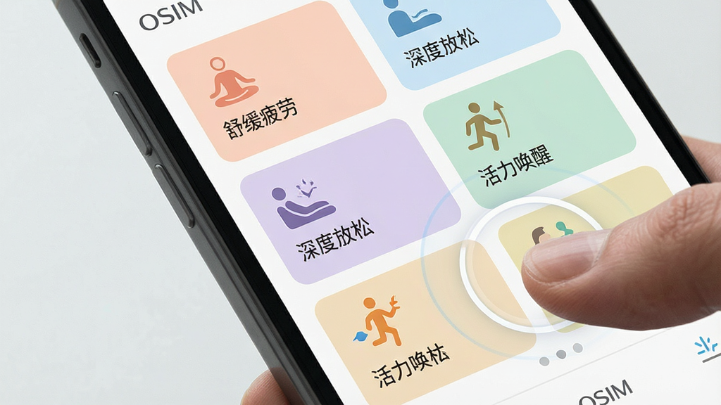 一张展示OSIM应用个性化按摩程序界面的特写图。画面主体为手机屏幕,屏幕上清晰展示着“舒缓疲劳”、“深度放松”、“活力唤醒”等程序卡片,卡片带有直观的图标和柔和色调。布局采用网格排列,排版整齐有序。风格为现代简约UI设计,细节上突出触控交互的便捷感。画质高清,干净无杂物,画面中包含“OSIM”字样。