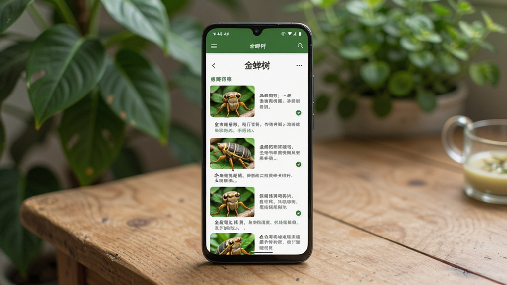 一部安卓手机放在木质桌面上,屏幕显示金蝉树应用的知识学习页面,页面标题为