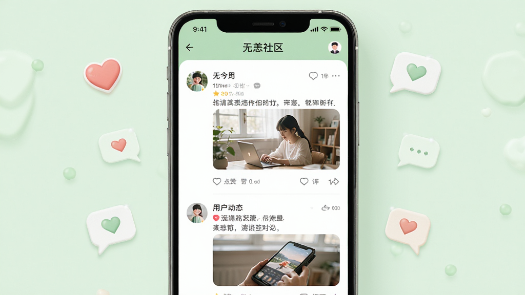 无恙时光APP社区界面截图风格,屏幕显示用户动态列表,有文字和图片分享,点赞和评论按钮清晰可见,背景为柔和的浅绿色,周围点缀着爱心和对话气泡图标,排版整齐,风格清新,细节精致,画质高清,干净无多余元素