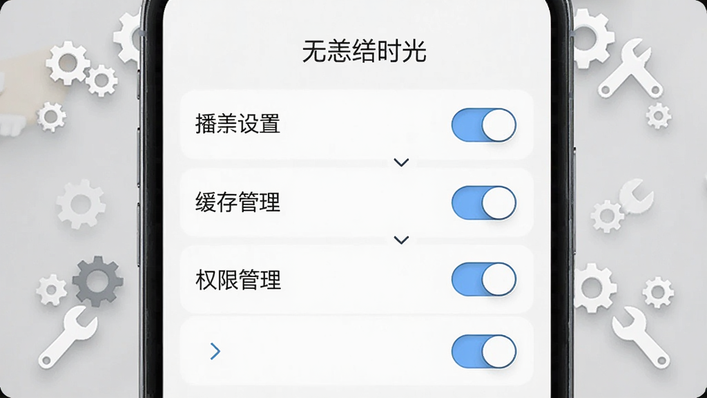 无恙时光APP设置界面截图风格,屏幕显示播放设置、缓存管理、权限管理等选项列表,有开关按钮和箭头图标,背景为白色简洁风格,周围有齿轮和扳手小图标点缀,排版清晰,细节精致,画质高清,干净无多余元素