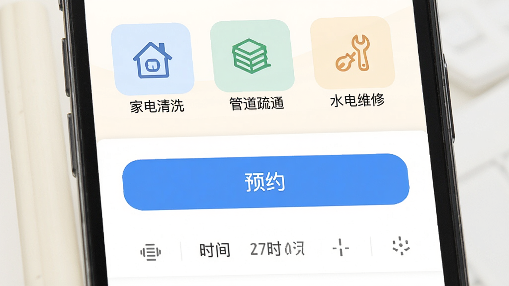 修洗家庭服务平台用户端的一键预约功能界面,画面主体为手机屏幕,屏幕上显示服务分类图标如家电清洗、管道疏通、水电维修等,下方有预约按钮与时间选择器,布局为上下结构,风格为简洁明快的移动端UI风格,细节包括清晰的图标、柔和的背景色、突出的预约按钮,画质高清,画面干净,无多余元素