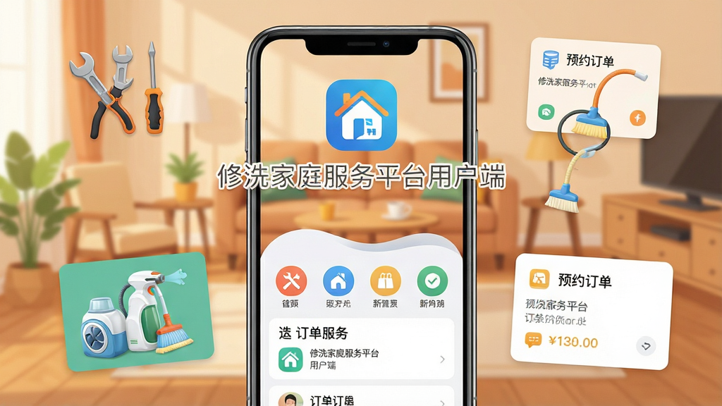 手机屏幕中展示修洗家庭服务平台用户端的首页界面,画面中央是软件名称“修洗家庭服务平台用户端”的文字标识,背景为温馨的家庭客厅场景,周围环绕着维修工具、清洗设备、预约订单卡片等元素,布局采用上下结构,上方为软件名称与Logo,下方为功能图标与订单列表,风格为扁平化现代科技风,细节包括干净的配色、圆润的图标、清晰的文字排版,画质高清,画面干净,无多余元素
