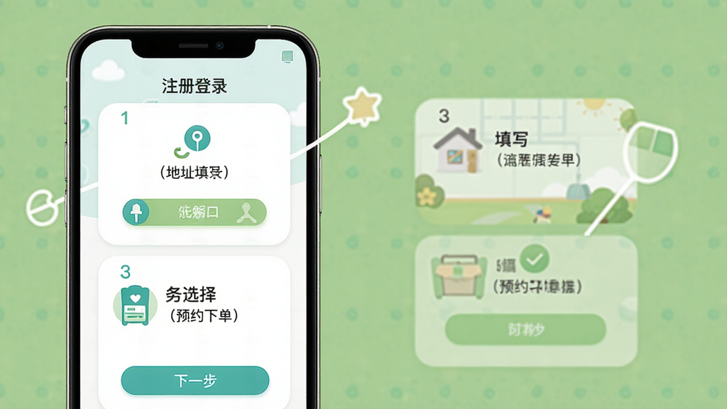 修洗家庭服务平台用户端的新手操作引导界面,画面主体为手机屏幕,屏幕上显示注册登录、地址填写、服务选择、预约下单四个步骤的引导卡片,布局为上下结构,风格为清新友好的移动端引导页设计,细节包括步骤序号、图标、文字说明、下一步按钮,画质高清,画面干净,无多余元素