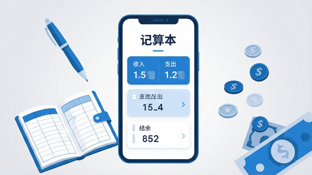 画面中央一部手机竖屏展示记账界面,标题文字“记算本”,下方排列收入、支出、结余三个数字卡片,左侧悬浮一支笔和一本展开的账本,右侧散落硬币与纸币,整体采用扁平插画风格,蓝白配色清新干净,背景为浅灰色渐变,细节清晰,画质高清,画面干净,无多余元素