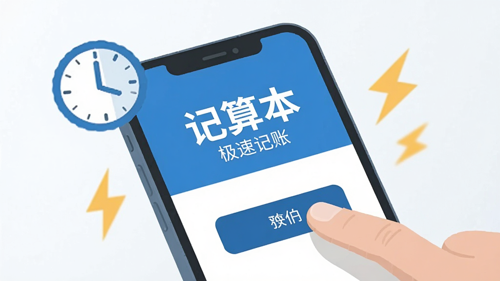 一部智能手机特写屏幕显示“记算本”极速记账界面,一个手指正点击保存按钮,周围环绕时钟图标和闪电符号,扁平化设计风格,蓝白主色调,背景简洁明亮,画质清晰,干净无多余元素