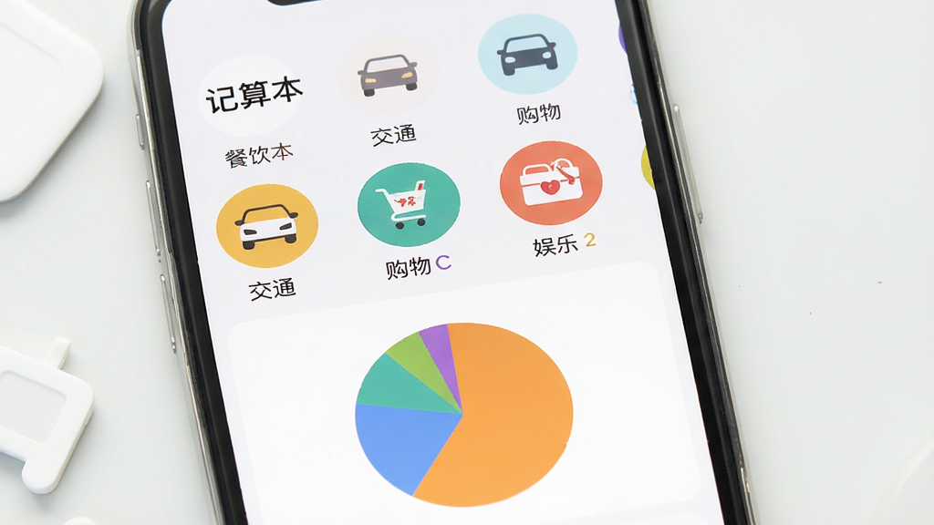 手机屏幕展示“记算本”分类管理页面,多个彩色圆形图标整齐排列,分别标注餐饮、交通、购物、娱乐等文字,下方有饼状图展示各分类占比,整体布局清晰,扁平化UI风格,浅色背景,画质高清,干净整洁,无多余装饰