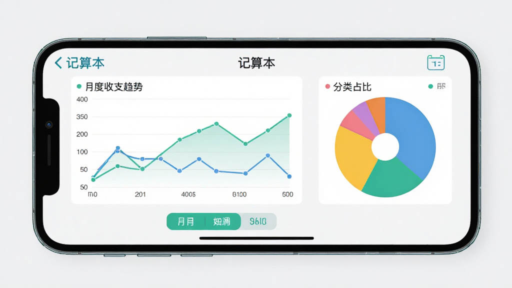 手机横屏展示“记算本”统计图表页面,左侧为折线图显示月度收支趋势,右侧为彩色饼图展示分类占比,图表下方有月份切换按钮,整体采用现代扁平化设计,蓝绿配色清新,浅灰背景,画质高清,干净无多余元素