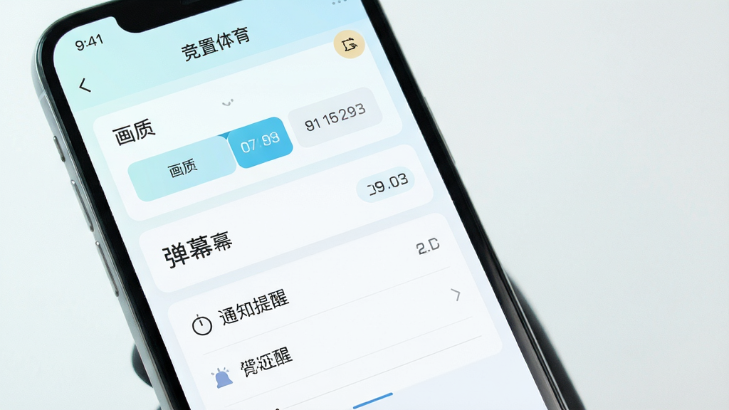 竞台体育 移动端操作界面 手机屏幕显示设置菜单 包含画质选择、弹幕开关、通知提醒等选项 风格清新浅色 布局合理 细节清晰 画质高清 干净 无多余元素