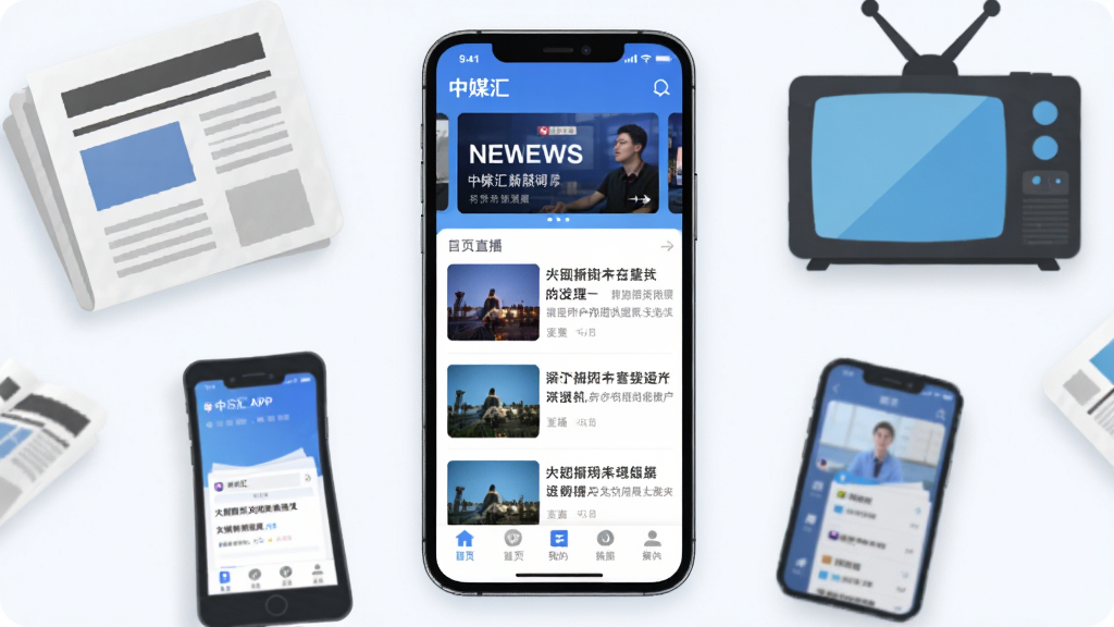 手机屏幕中央显示中媒汇APP的首页界面,顶部有新闻轮播图,中间是图文资讯列表,底部导航栏包含首页直播我的等图标,界面以蓝白色调为主,周围环绕着报纸电视手机等媒体元素,整体风格现代简洁,扁平化设计,高清画质,干净无多余元素