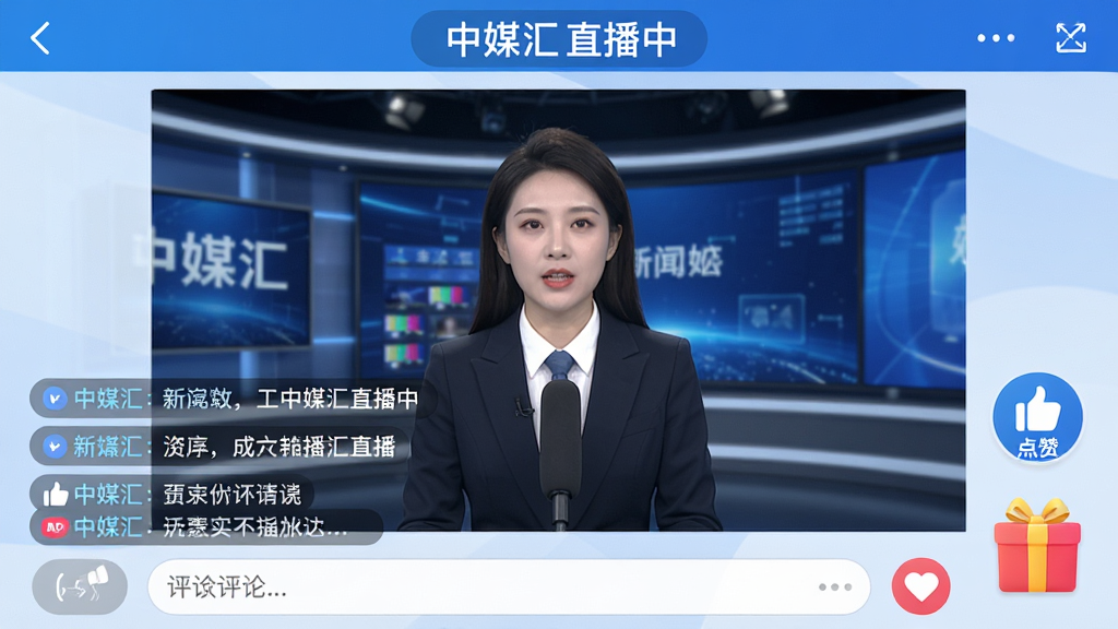 中媒汇APP直播界面截图,画面中央是新闻直播间的高清视频画面,下方有滚动弹幕和评论输入框,右侧有点赞送礼图标,顶部显示中媒汇直播中字样,界面风格清爽,蓝白配色,高清画质,细节清晰,无多余元素