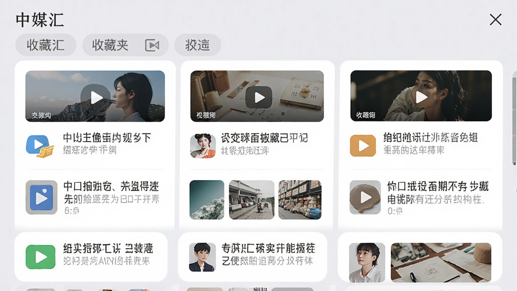 中媒汇APP的收藏夹界面,屏幕显示多个收藏分类标签和文章缩略图列表,有图文视频等图标标识,背景为浅灰色,卡片式布局,风格清新素雅,高清画质,无多余元素