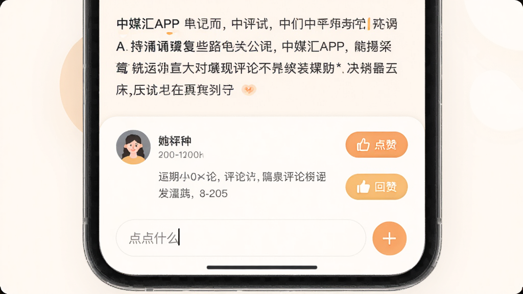 中媒汇APP的评论互动界面,屏幕显示新闻正文下方的评论区,有用户头像、昵称、评论内容和点赞回复按钮,输入框提示说点什么,界面风格柔和圆角,暖色调点缀,高清画质,干净无多余元素