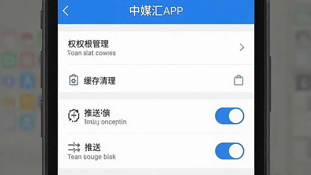 中媒汇APP在手机上的设置界面截图,显示权限管理、缓存清理、推送开关等选项,界面简洁,蓝白配色,高清画质,干净无多余元素