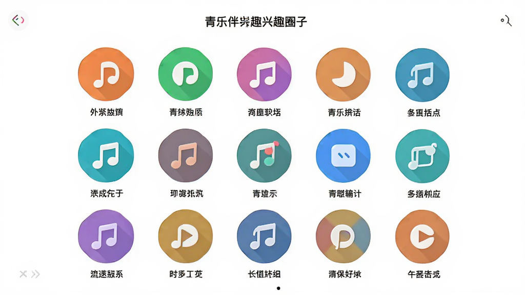 青乐伴兴趣圈子界面截图风格,画面中央为多个彩色圆形图标代表不同音乐圈子,图标下方有文字标签,背景为白色,排版整齐,风格清新明快,画质干净,无多余元素