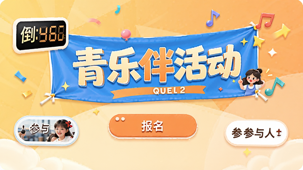青乐伴活动页面,画面中央为活动横幅与报名按钮,周围有倒计时与参与人数标签,背景为暖色调,风格活泼,画质干净,无多余元素