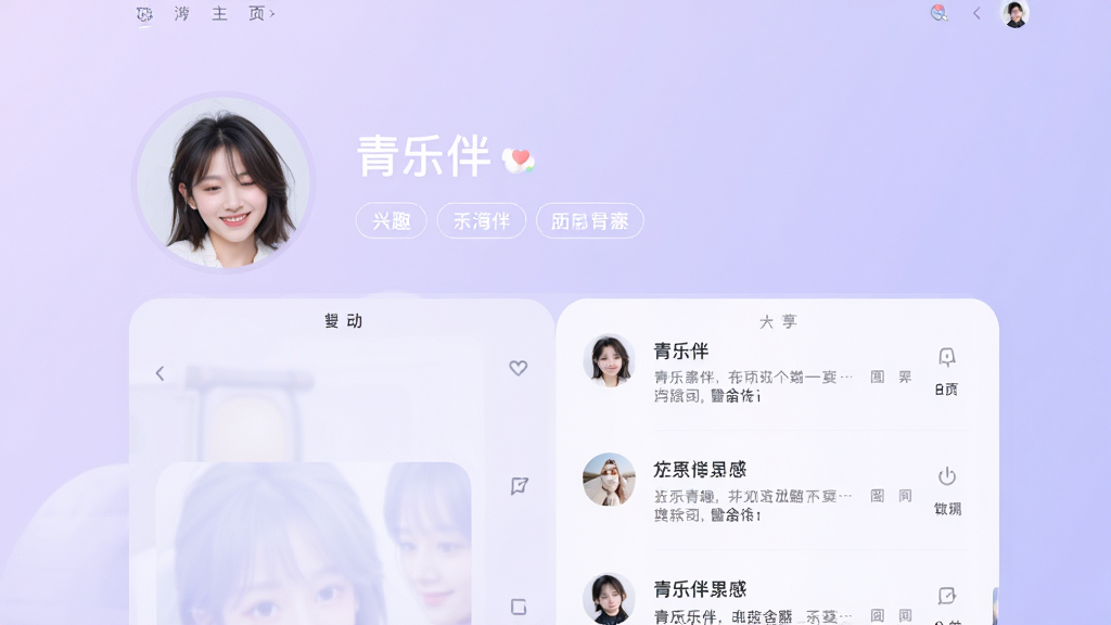 青乐伴个人主页界面,画面中显示头像、昵称、兴趣标签与动态列表,背景为淡紫色渐变,风格柔和,排版清晰,画质干净,无多余元素