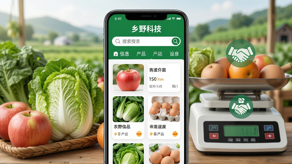 ��Ұ�Ƽ�ũ��Ʒ����Խӽ��棬����Ϊ�ֻ�չʾũ��Ʒ��Ӧ��Ϣ���������������߲�ˮ���ͳ��س���������Ϊ�ֻ��������У��Ϸ������������·�Ϊ��Ʒ��Ƭ�б����Ű������������С���Ұ�Ƽ������������Ϊ�ʻ�ũ��Ʒ���̷磻ϸ�ڰ���ƻ�����ײˡ����������ӳӡ���������ͼ�ꣻ���ʸ��壬�ɾ����޶���Ԫ��