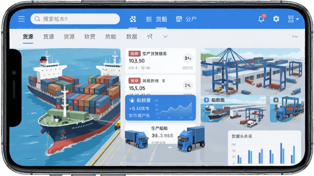 船货易联软件主界面截图,画面中央展示一艘货船与货运卡车在港口交汇,背景是繁忙的物流园区,布局为手机屏幕内展示船货易联APP的首页,上方有搜索栏和分类标签,中间是货源列表和船舶列表卡片,排版清晰,风格为现代科技感扁平化设计,细节包括蓝色主色调、图标按钮、数据图表,画质高清,干净,无多余元素