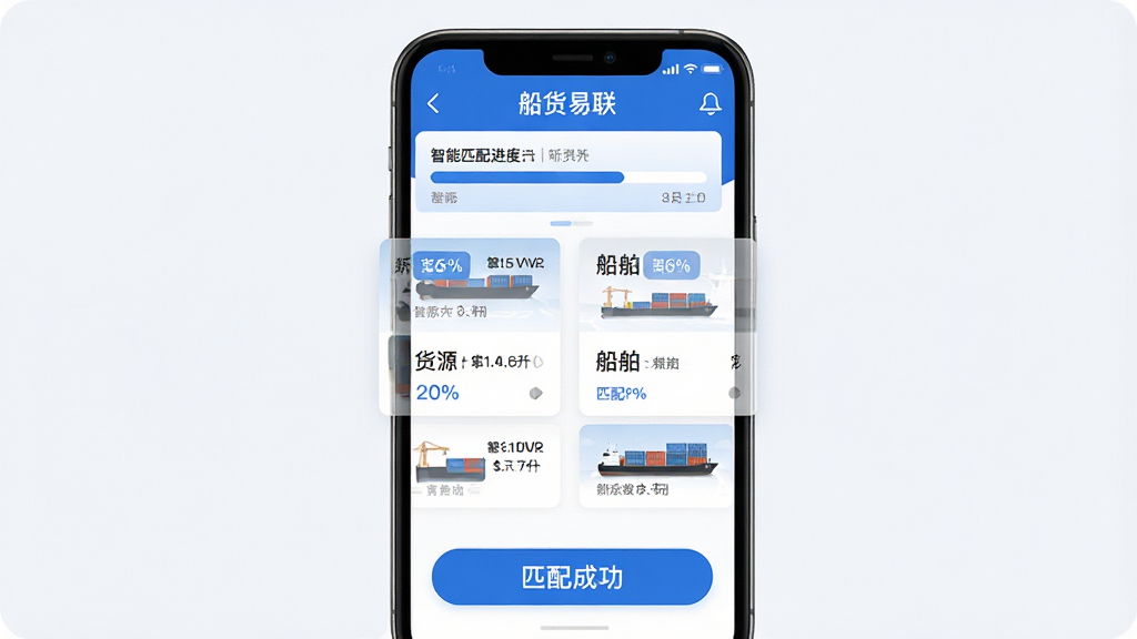 船货易联智能匹配功能展示图,画面主体为手机屏幕中显示船货易联APP的匹配界面,布局为上方是智能匹配进度条,中间是左右分列的货源与船舶卡片,下方有匹配成功按钮,排版采用卡片式设计,风格为简洁商务风,细节包括蓝色与白色配色、数据标签、匹配度百分比,画质高清,干净,无多余元素