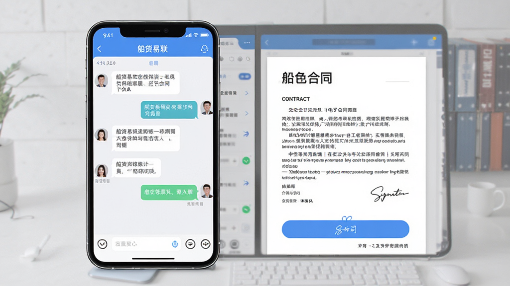 船货易联在线洽谈与电子合同界面图,画面主体为手机屏幕展示船货易联APP的聊天窗口和合同预览页面,布局为左侧聊天记录,右侧合同文档,排版为分屏式,风格为现代商务简约,细节包括对话气泡、合同条款、签名按钮,画质高清,干净,无多余元素