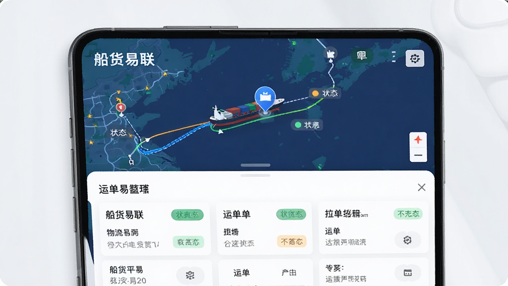 船货易联货物跟踪与物流管理界面图,画面主体为手机屏幕展示船货易联APP的地图跟踪页面和运单列表,布局为上方地图显示船舶位置,下方运单卡片列表,排版为上下结构,风格为科技感地图风,细节包括航线轨迹、船舶图标、状态标签,画质高清,干净,无多余元素