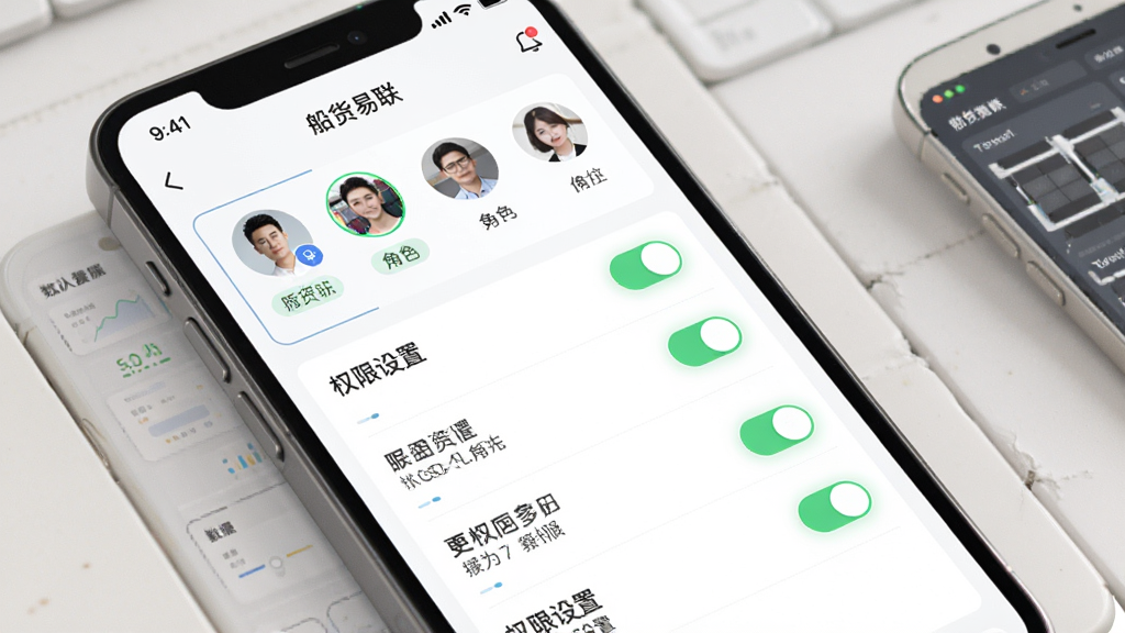 船货易联多角色协同与权限管理界面图,画面主体为手机屏幕展示船货易联APP的角色切换与团队管理页面,布局为上方角色头像列表,下方权限设置开关,排版为列表式,风格为清爽浅色风,细节包括角色标签、开关按钮、数据看板,画质高清,干净,无多余元素