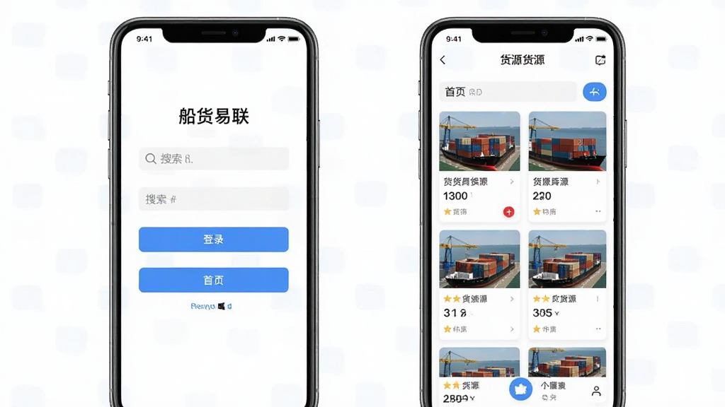 船货易联移动端操作界面示意图,画面主体为手机屏幕展示船货易联APP的登录页和首页,布局为左侧登录界面,右侧首页货源列表,排版为左右对比,风格为简洁明快,细节包括蓝色按钮、搜索框、货源卡片,画质高清,干净,无多余元素