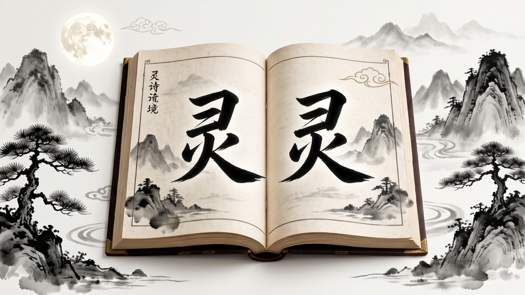画面主体为一本展开的古风书籍,书页上浮现出诗词灵境四个字,周围环绕着水墨风格的山水、明月、松树等中国古典元素,布局采用中心对称式构图,书籍居中,元素向四周自然延展,排版清晰有序,风格为清新雅致的水墨国风,细节上书籍纹理细腻,水墨晕染自然,文字诗词灵境以书法字体呈现,画质高清,干净整洁,无多余元素