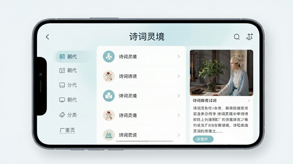 画面主体为诗词灵境应用界面展示,屏幕中央显示诗词列表,左侧为朝代分类导航,右侧为诗词详情预览,布局采用左右分栏式设计,排版清晰直观,风格为简约清新的移动应用界面风格,细节上界面元素精致,图标简洁,色彩柔和,文字诗词灵境位于顶部醒目位置,画质高清,干净整洁,无多余元素