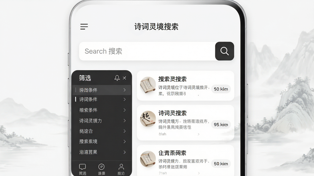 画面主体为诗词灵境搜索界面,中央为搜索框,下方展示搜索结果列表,左侧为筛选条件面板,布局采用上下结构,搜索框位于顶部,结果列表居中,筛选面板在左侧,排版整洁有序,风格为现代简约的移动应用界面,细节上搜索图标精致,结果条目清晰,文字诗词灵境位于页面顶部,画质高清,干净整洁,无多余元素