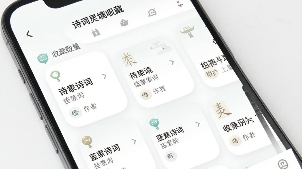 画面主体为诗词灵境收藏页面,展示收藏的诗词卡片列表,每张卡片包含诗词标题和作者,顶部显示收藏数量,布局采用卡片式网格排列,排版整齐美观,风格为清新简约的移动应用界面,细节上卡片圆角柔和,图标精致,文字诗词灵境位于页面顶部,画质高清,干净整洁,无多余元素