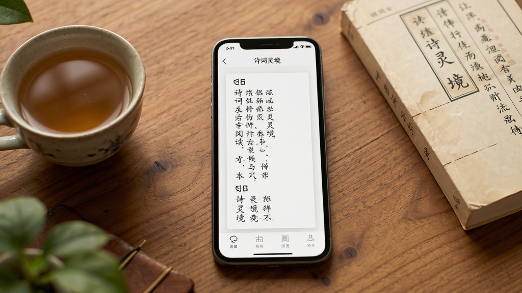 画面主体为诗词灵境应用在手机屏幕上的运行画面,屏幕中显示古诗词阅读界面,手机放置在木质桌面上,旁边有一杯茶和一本纸质书,布局采用手机居中、周边物品环绕的构图,排版自然和谐,风格为温馨文艺的生活场景风格,细节上手机屏幕清晰,文字诗词灵境可见,桌面纹理细腻,画质高清,干净整洁,无多余元素